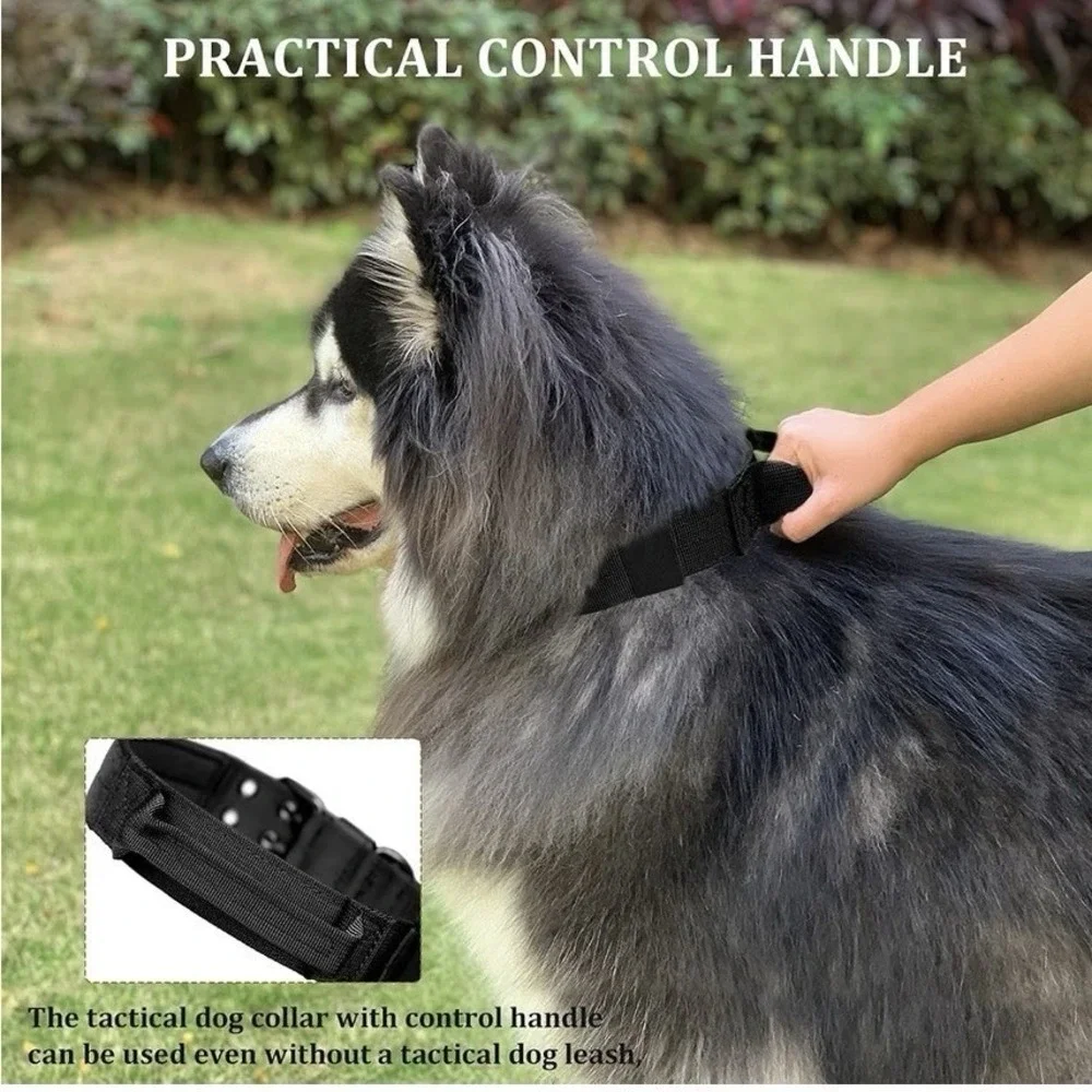 Tactical Dog Collar with Handles, Heavy Duty Metal Buckle Training Collar Size M
